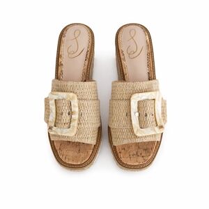 Sam Edelman Raffia Platform Slides Sz 9 Woven Buckle Chunky Sandals Resort Boho